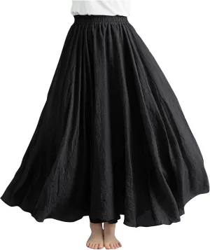 Women's Linen Maxi Skirts High Waist Ankle Length Skirt Solid Color Loose Casual Skirt Summer Flowy Long Skirts
