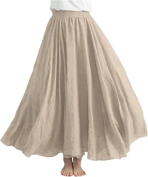 Womens Linen Skirt 2025 Summer Fashion Casual Elastic High Waist Long Skirts Pleated A-Line Flowy Swing Skirt