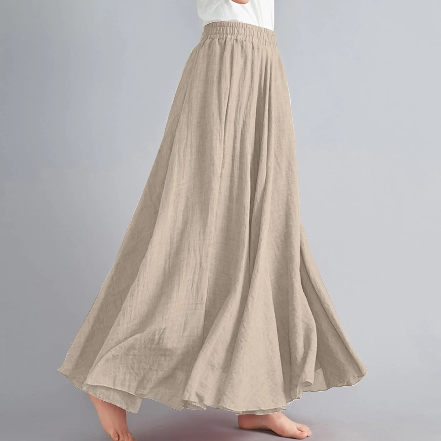 Womens Linen Skirt 2025 Summer Fashion Casual Elastic High Waist Long Skirts Pleated A-Line Flowy Swing Skirt
