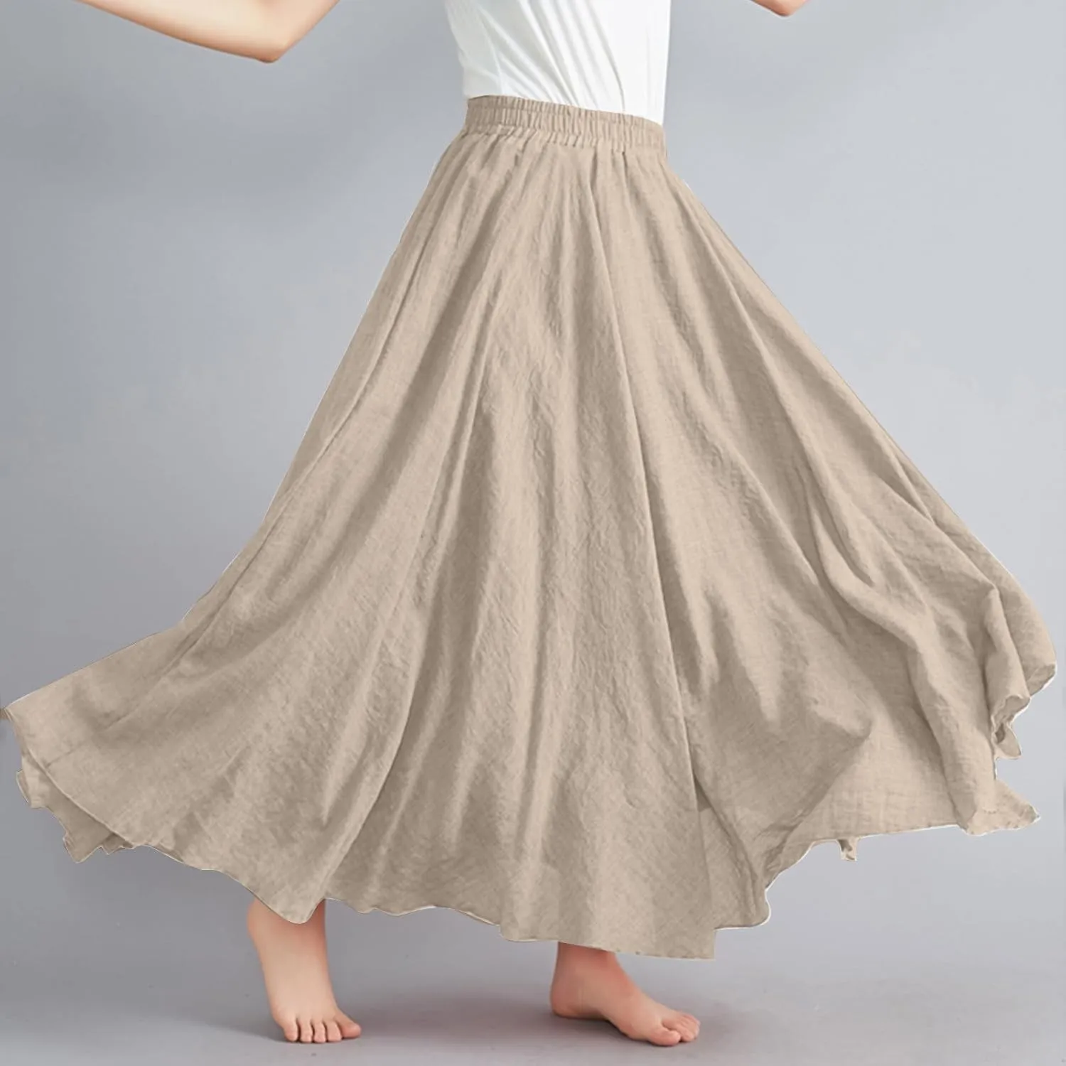 Womens Linen Skirt 2025 Summer Fashion Casual Elastic High Waist Long Skirts Pleated A-Line Flowy Swing Skirt