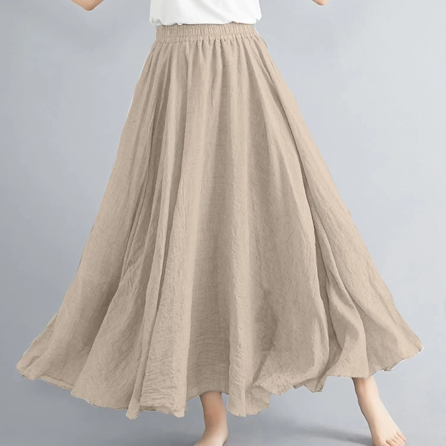 Womens Linen Skirt 2025 Summer Fashion Casual Elastic High Waist Long Skirts Pleated A-Line Flowy Swing Skirt