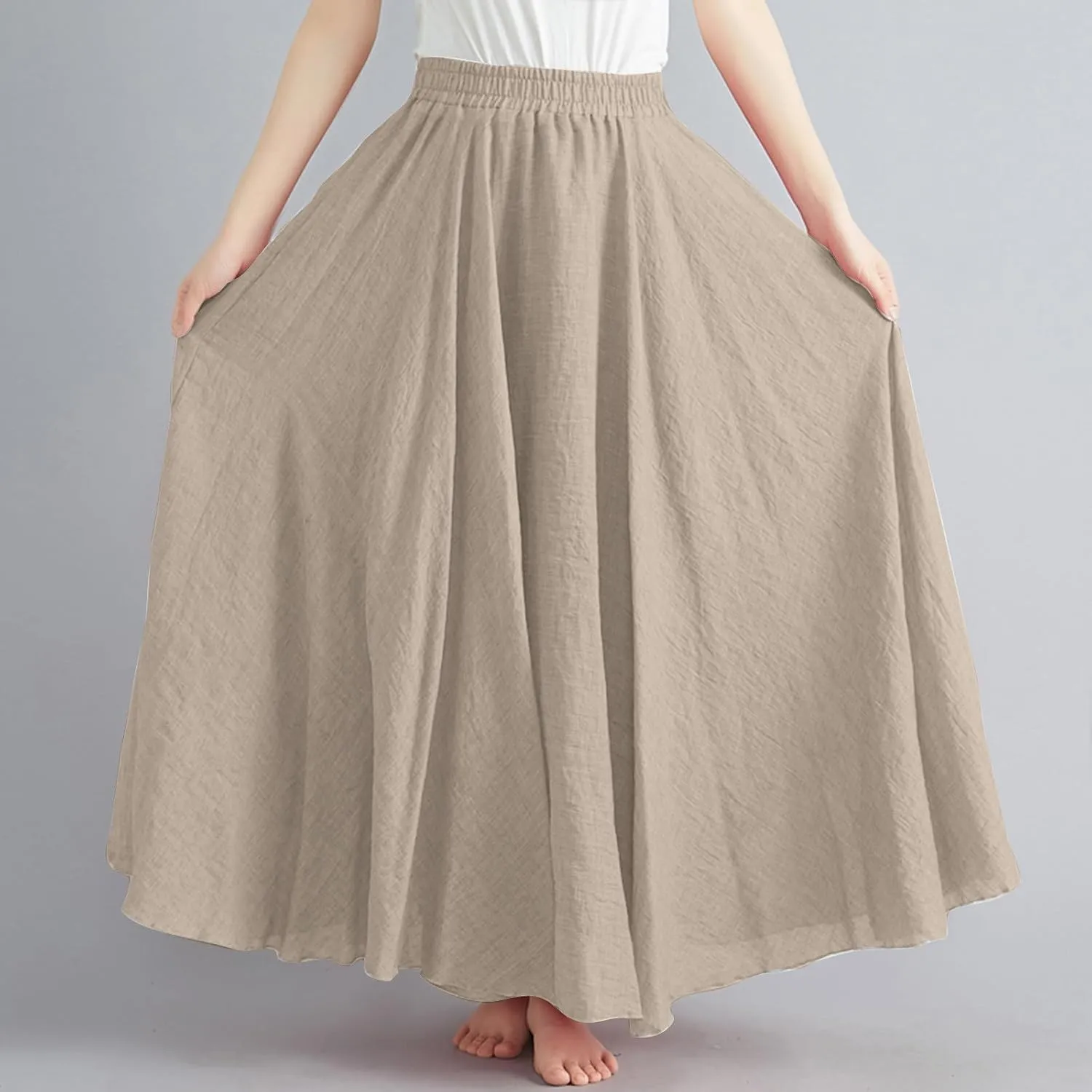 Womens Linen Skirt 2025 Summer Fashion Casual Elastic High Waist Long Skirts Pleated A-Line Flowy Swing Skirt