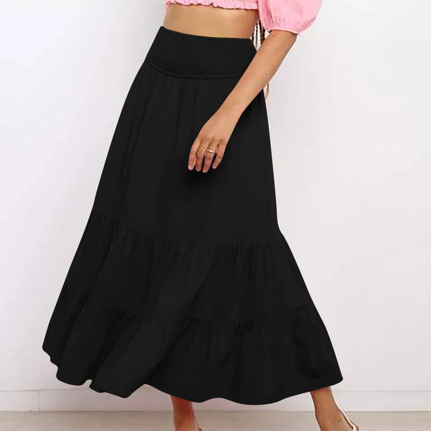 Women's Long Skirts A Line Summer Maxi Skirts High Waisted Tiered Boho Flowy Skirts Beach Vacation Casual Skirts