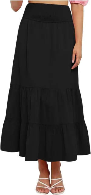 Women's Long Skirts A Line Summer Maxi Skirts High Waisted Tiered Boho Flowy Skirts Beach Vacation Casual Skirts