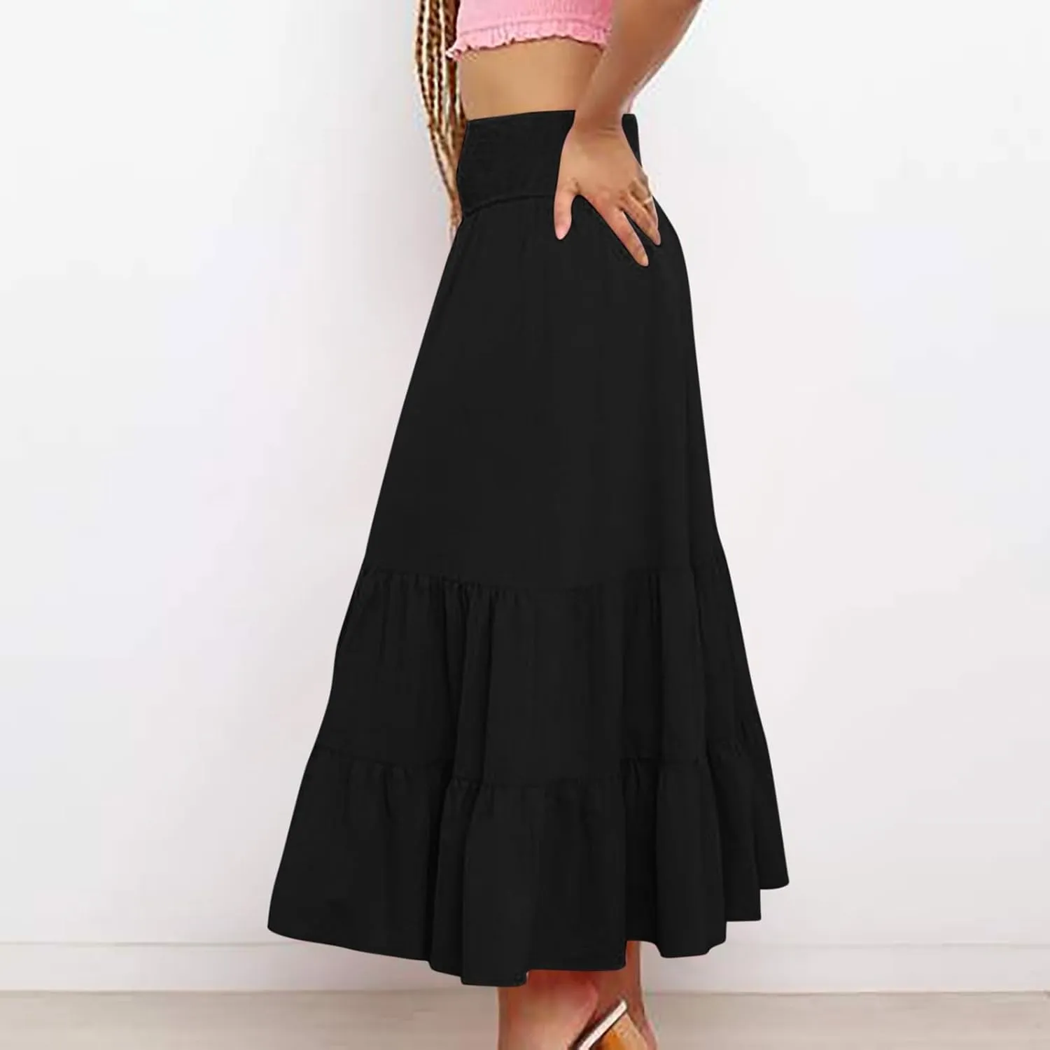 Women's Long Skirts A Line Summer Maxi Skirts High Waisted Tiered Boho Flowy Skirts Beach Vacation Casual Skirts