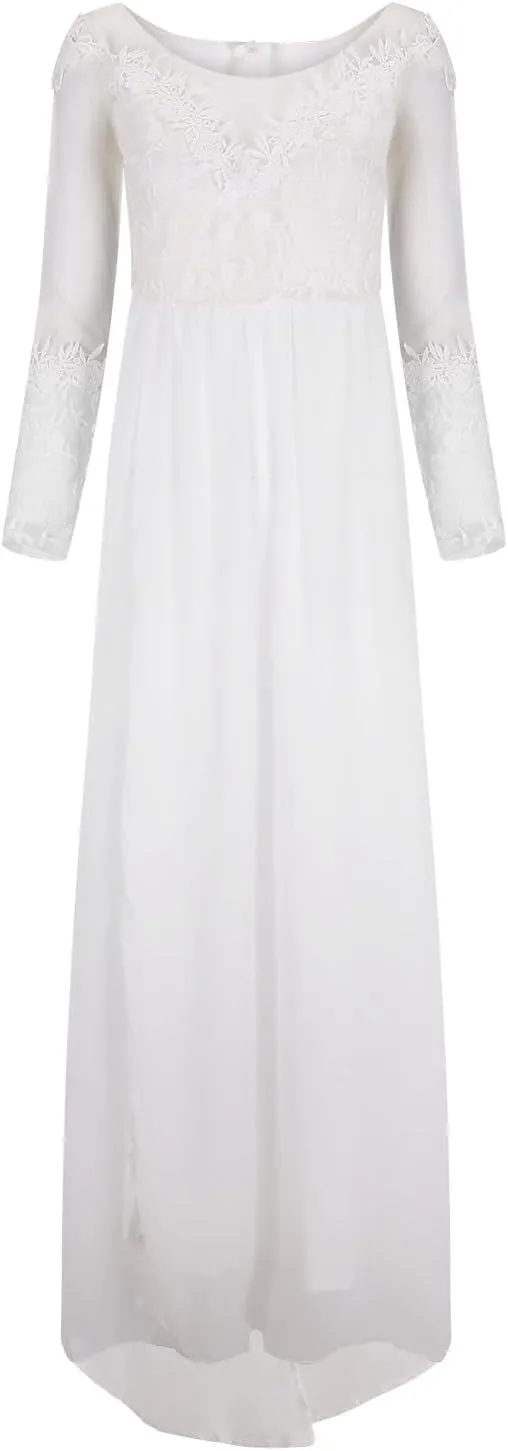 Women's Long Sleeved See Through Lace Wedding Dress Bridesmaid Dress Semi Formal Fit Evening Skirt Split Long Skirt
