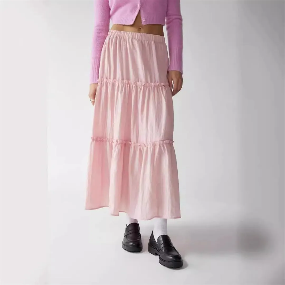 Women's Low Waist Layered Maxi Skirts Ruffled Candy Color Sweet A-Line Low Waist Plain Skirts