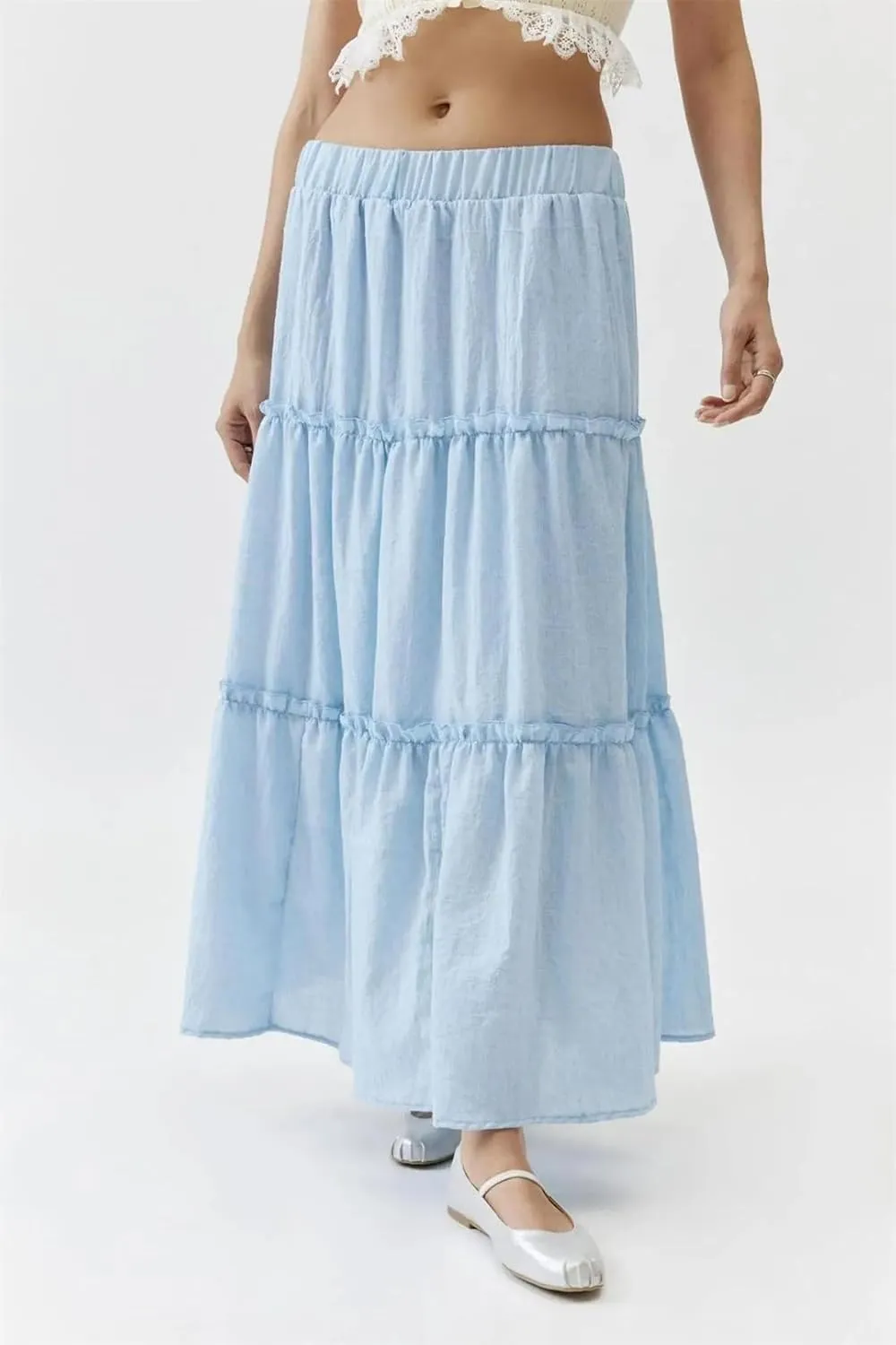 Women's Low Waist Layered Maxi Skirts Ruffled Candy Color Sweet A-Line Low Waist Plain Skirts