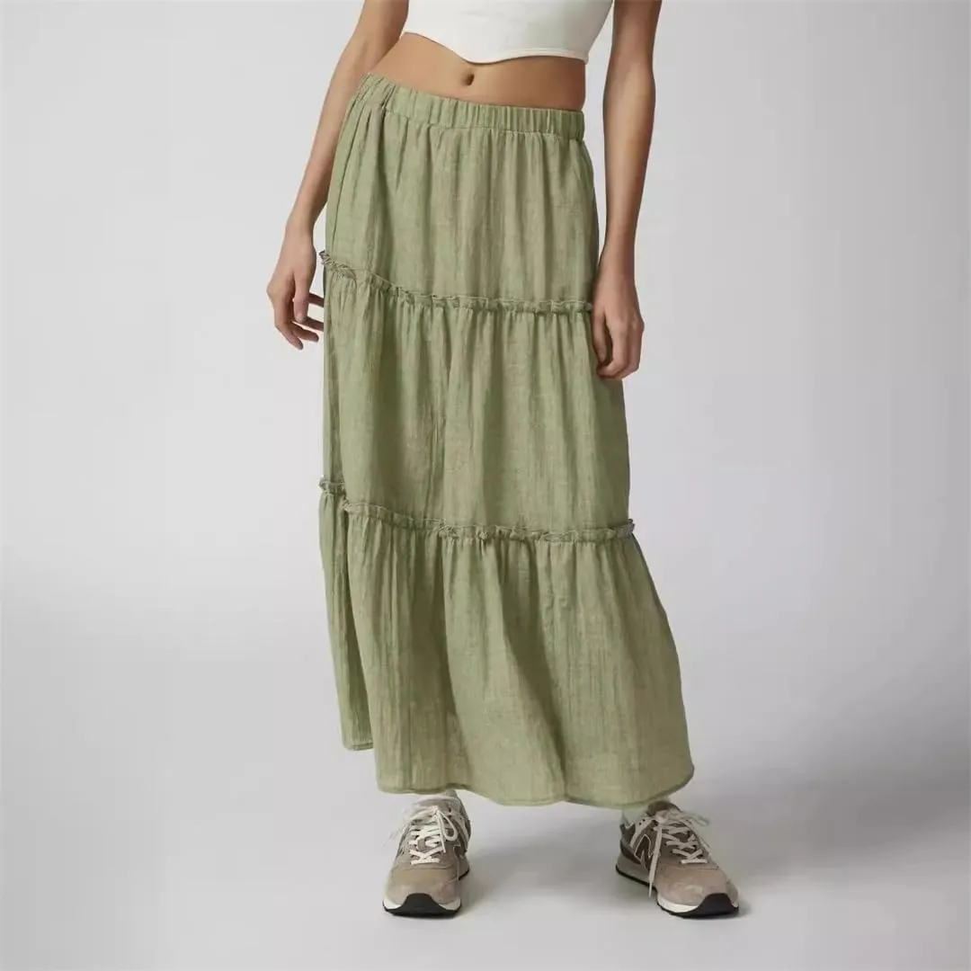 Women's Low Waist Layered Maxi Skirts Ruffled Candy Color Sweet A-Line Low Waist Plain Skirts