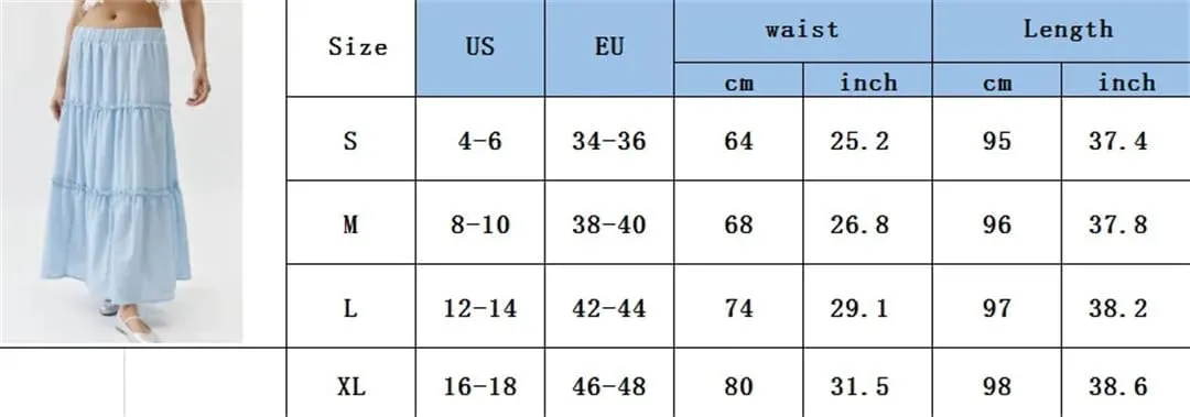 Women's Low Waist Layered Maxi Skirts Ruffled Candy Color Sweet A-Line Low Waist Plain Skirts