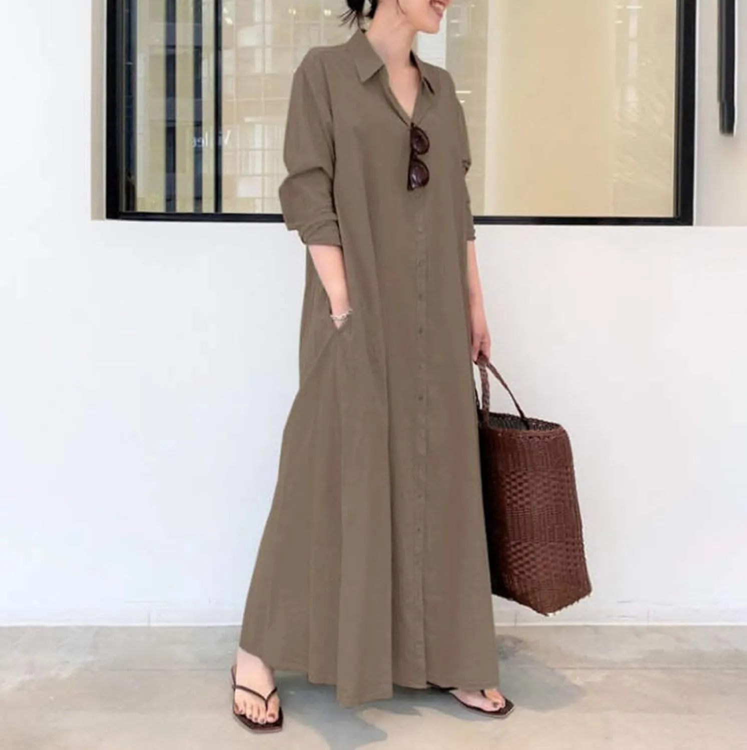 Women's Maxi Dresses Summer Long Sleeeve Button Down Formal Dress Plus Size Loose Casual Long Shirt Dress with Pocket