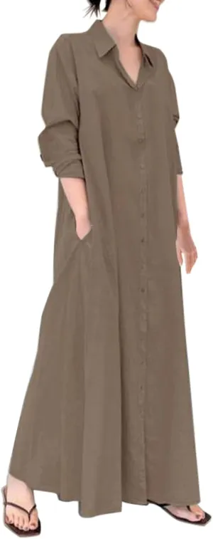 Women's Maxi Dresses Summer Long Sleeeve Button Down Formal Dress Plus Size Loose Casual Long Shirt Dress with Pocket