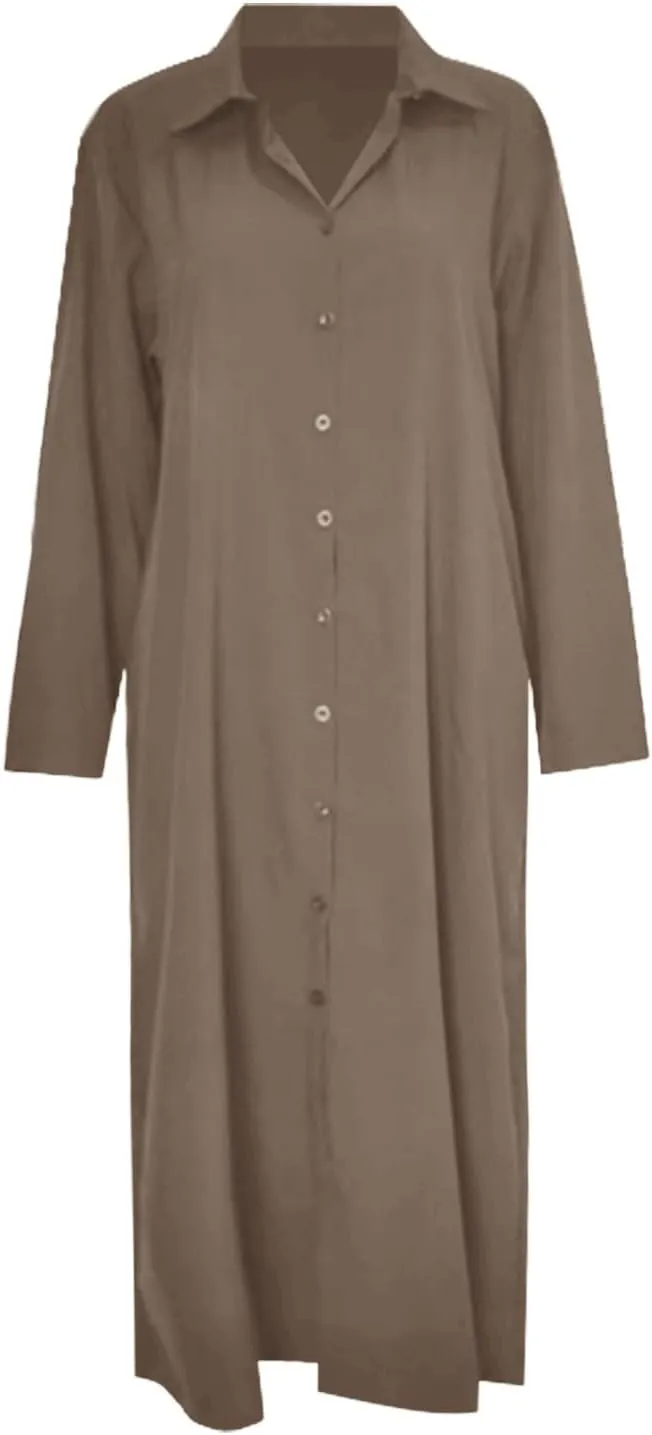 Women's Maxi Dresses Summer Long Sleeeve Button Down Formal Dress Plus Size Loose Casual Long Shirt Dress with Pocket