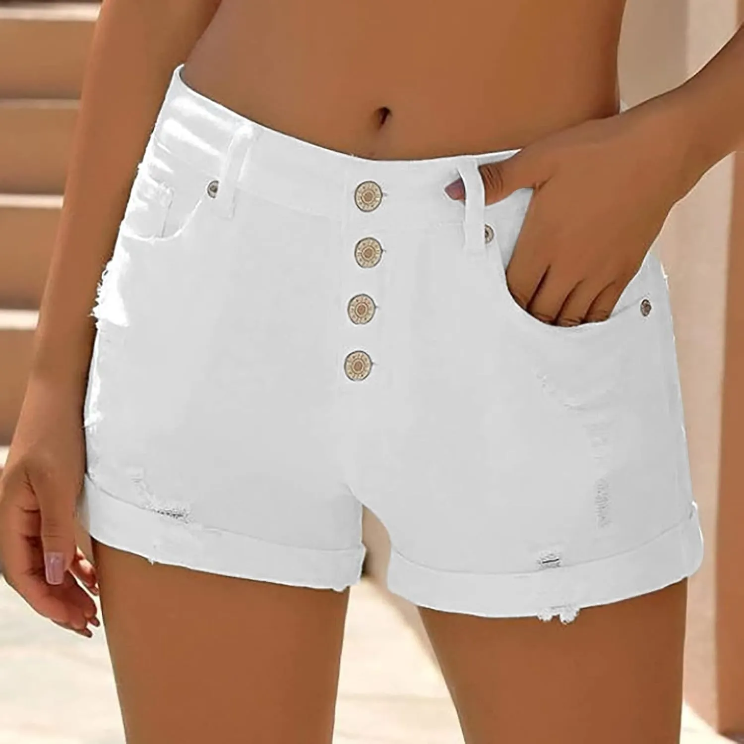 Womens Mid Rise Denim Shorts Summer Rolled Up Hem Jean Shorts Stretchy Ripped Frayed Shorts Fashion Summer Shorts