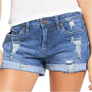 Womens Mid Rise Denim Shorts Summer Rolled Up Hem Jean Shorts Stretchy Ripped Frayed Shorts Fashion Summer Shorts