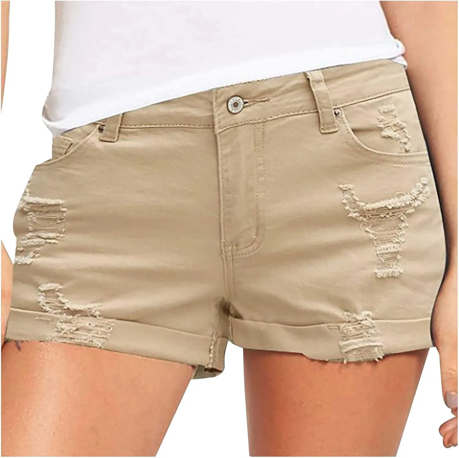 Womens Mid Rise Denim Shorts Summer Rolled Up Hem Jean Shorts Stretchy Ripped Frayed Shorts Fashion Summer Shorts