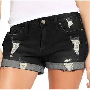 Womens Mid Rise Denim Shorts Summer Rolled Up Hem Jean Shorts Stretchy Ripped Frayed Shorts Fashion Summer Shorts