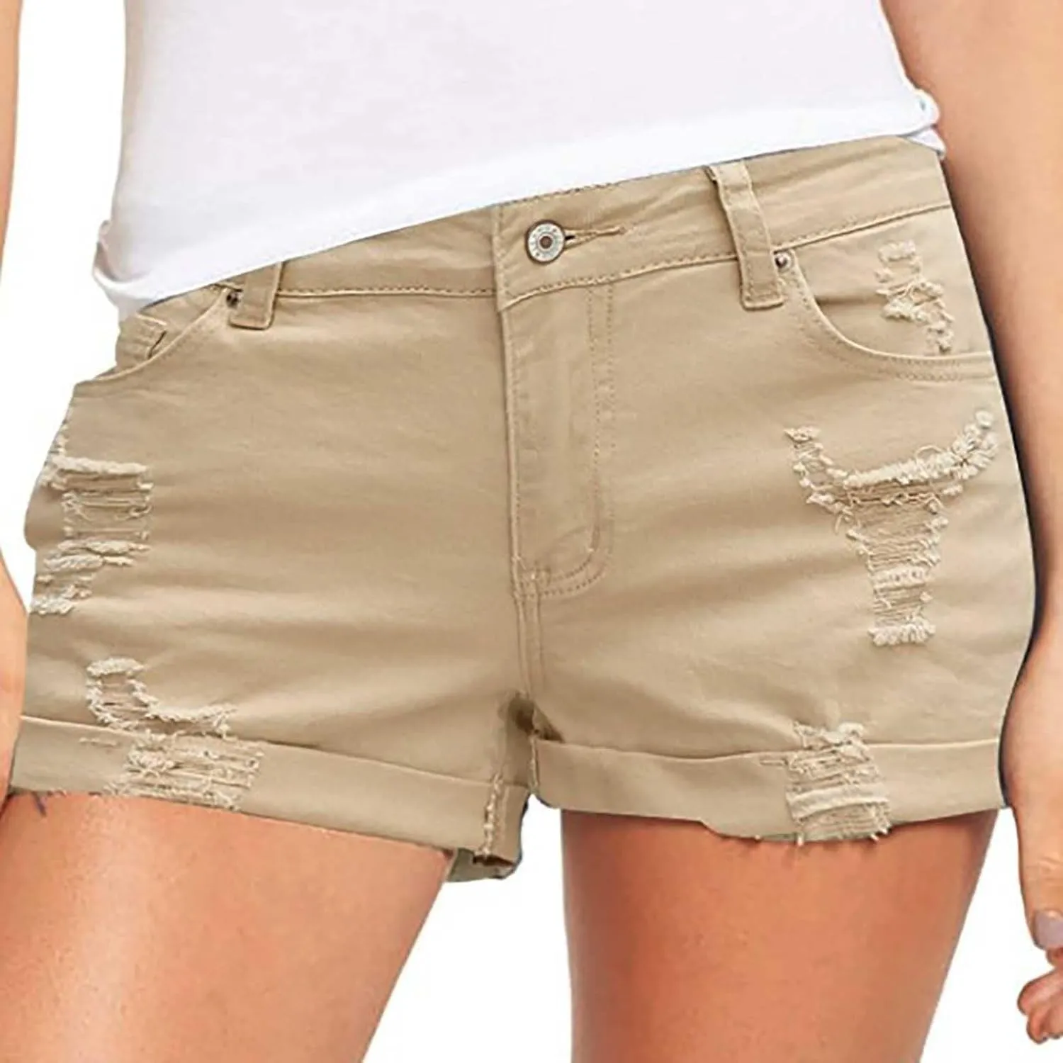 Womens Mid Rise Denim Shorts Summer Rolled Up Hem Jean Shorts Stretchy Ripped Frayed Shorts Fashion Summer Shorts