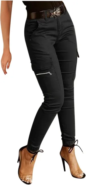 Women's Mid Waist Solid Button Cargo Pants with Pockets Casual Trendy Straight Leg Slim Fitted Trousers Comfy Versatile Pant