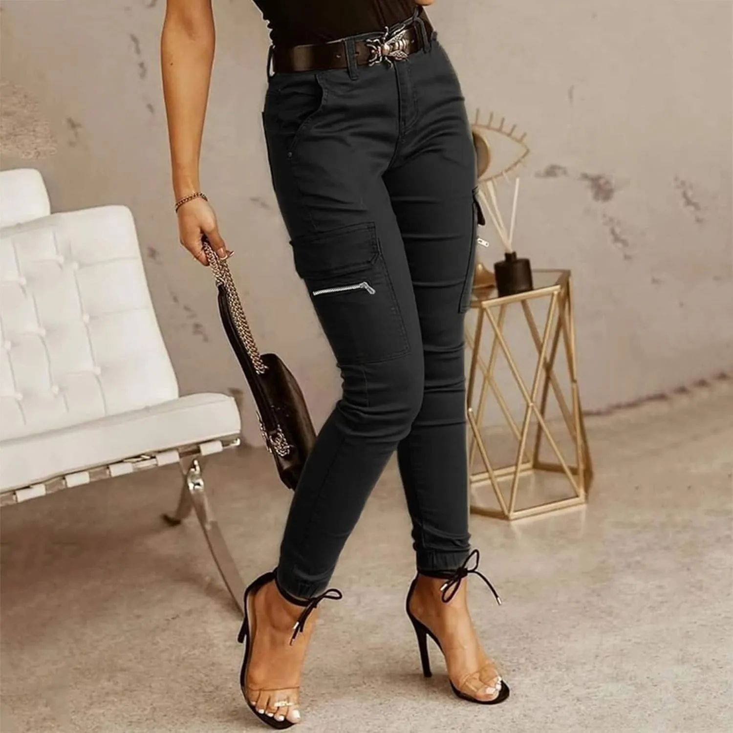 Women's Mid Waist Solid Button Cargo Pants with Pockets Casual Trendy Straight Leg Slim Fitted Trousers Comfy Versatile Pant