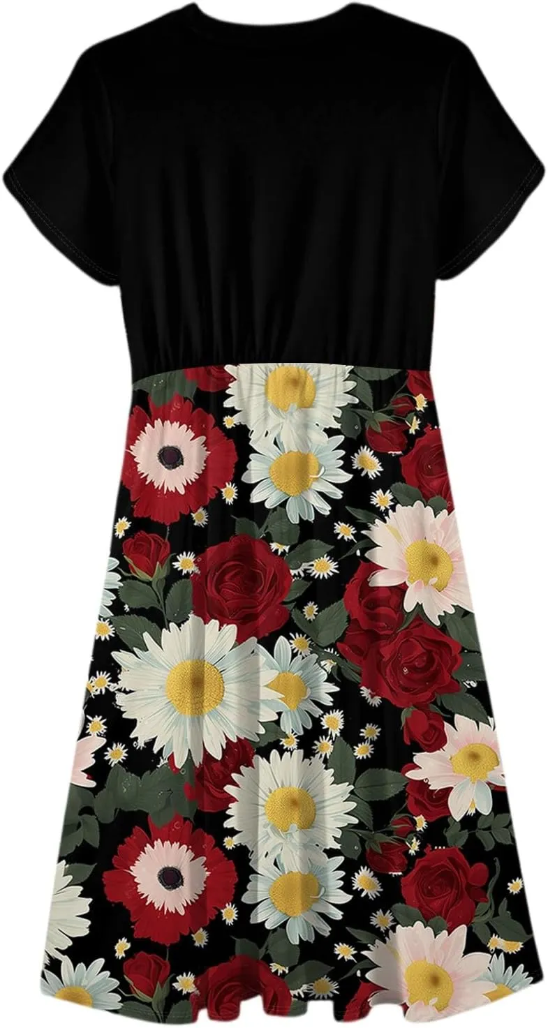 Womens Midi Dress Summer Short Sleeve Dress with Pockets 2025 Casual Floral T-Shirt Dress Flowy Beach Sundress