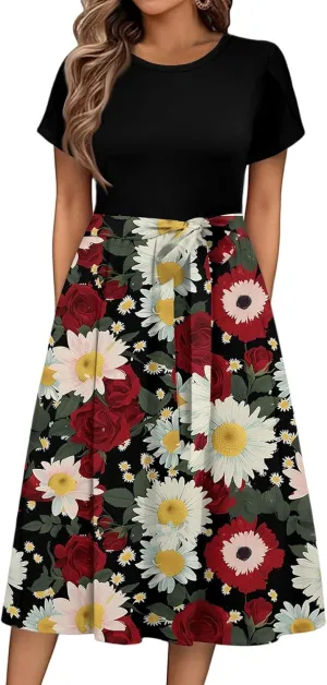 Womens Midi Dress Summer Short Sleeve Dress with Pockets 2025 Casual Floral T-Shirt Dress Flowy Beach Sundress