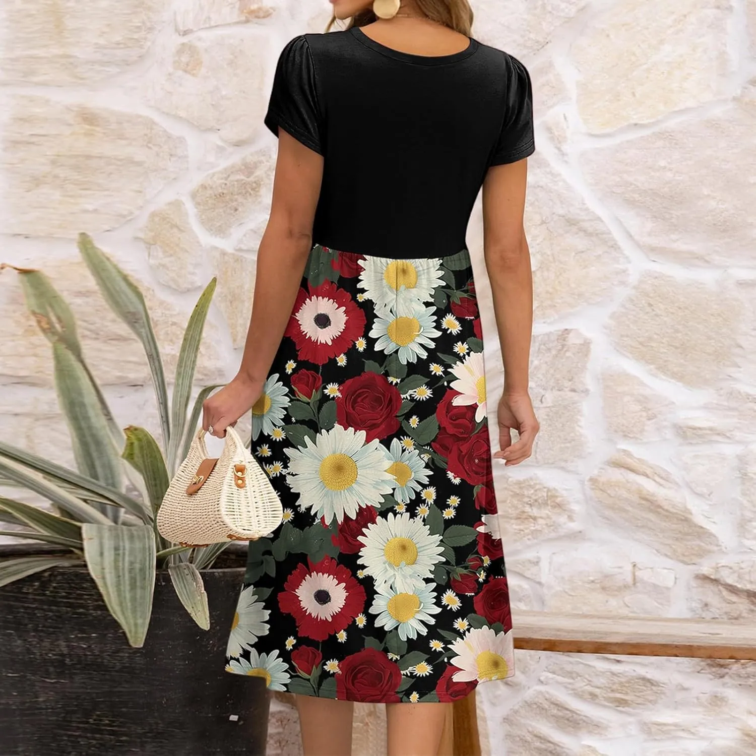 Womens Midi Dress Summer Short Sleeve Dress with Pockets 2025 Casual Floral T-Shirt Dress Flowy Beach Sundress