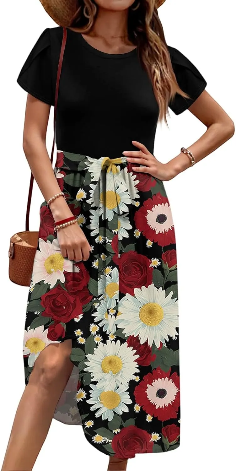 Womens Midi Dress Summer Short Sleeve Dress with Pockets 2025 Casual Floral T-Shirt Dress Flowy Beach Sundress