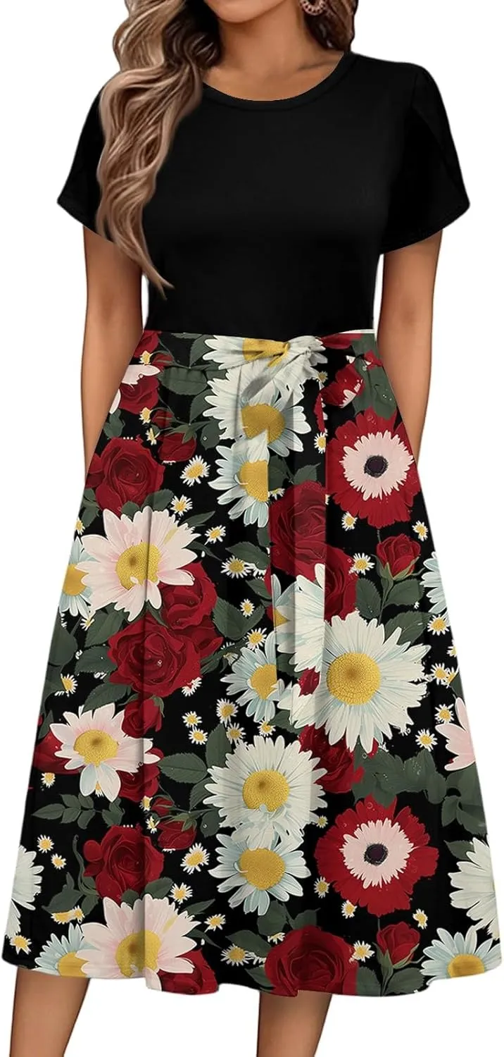 Womens Midi Dress Summer Short Sleeve Dress with Pockets 2025 Casual Floral T-Shirt Dress Flowy Beach Sundress