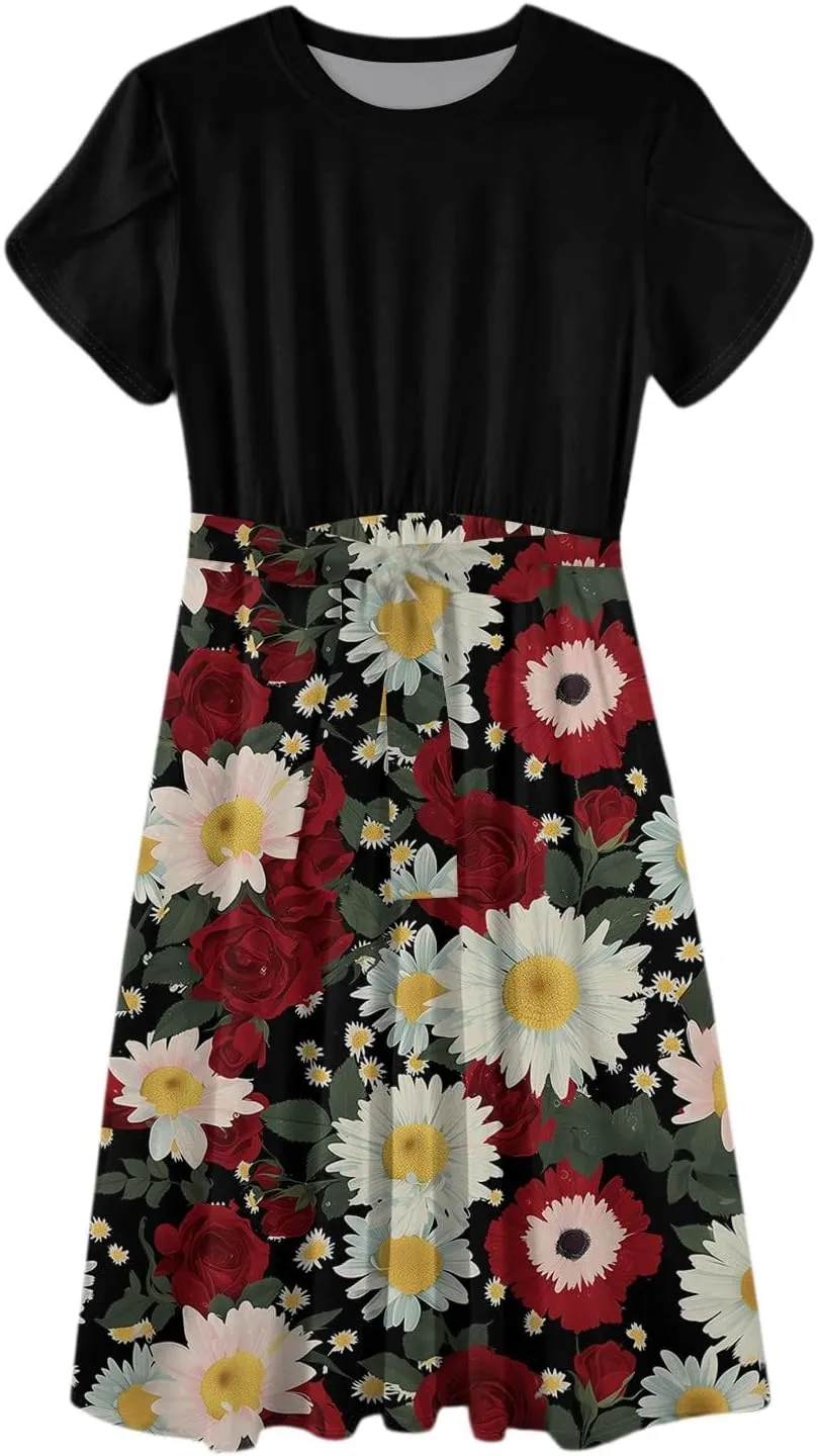 Womens Midi Dress Summer Short Sleeve Dress with Pockets 2025 Casual Floral T-Shirt Dress Flowy Beach Sundress