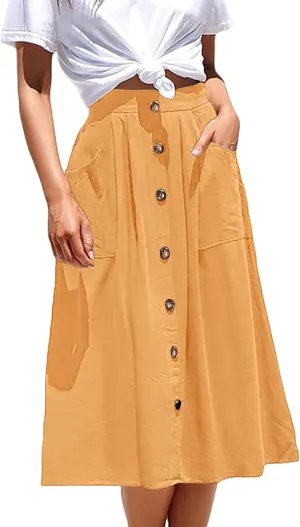 Women's Midi Skirts Casual High Elastic Waist A Line Pleated Midi Skirts with Pockets