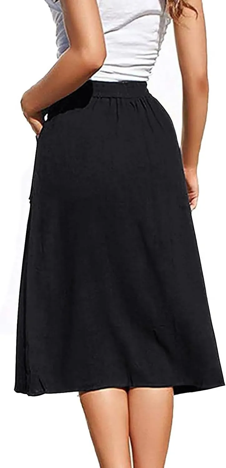 Women's Midi Skirts Casual High Elastic Waist A Line Pleated Midi Skirts with Pockets