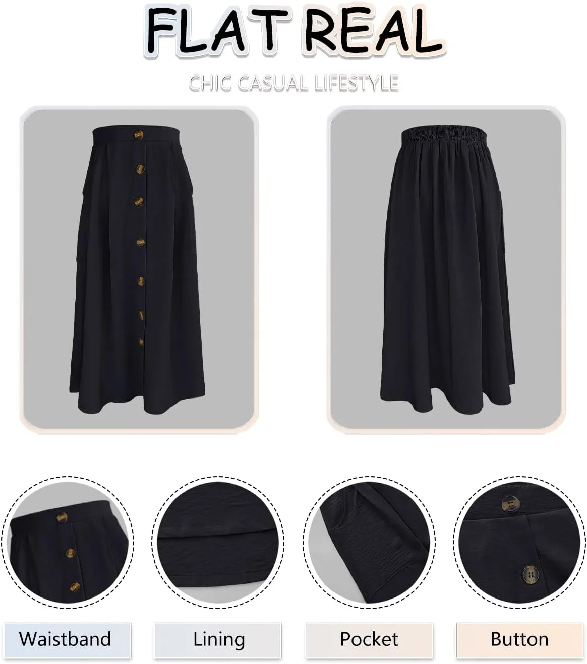 Women's Midi Skirts Casual High Elastic Waist A Line Pleated Midi Skirts with Pockets