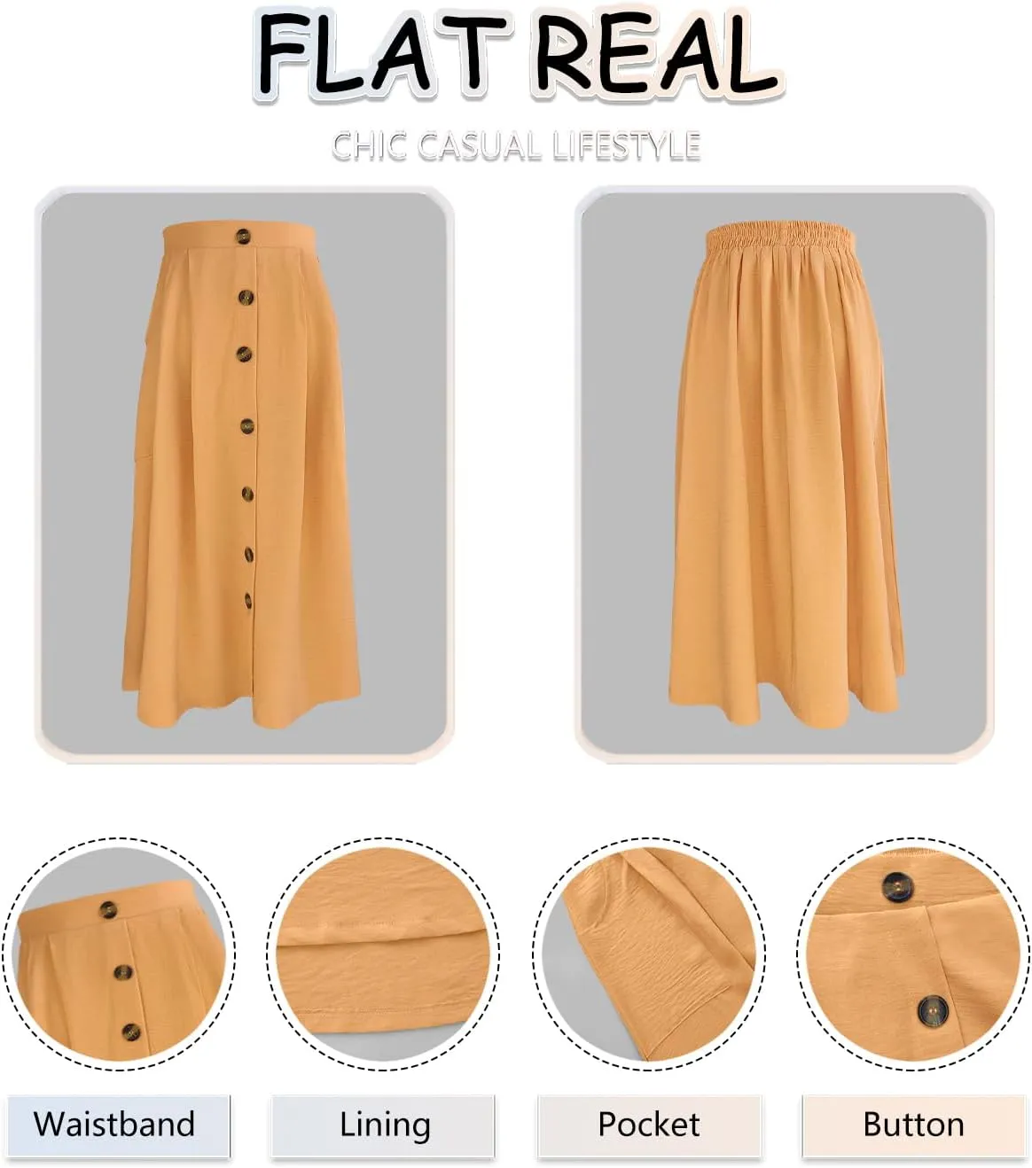 Women's Midi Skirts Casual High Elastic Waist A Line Pleated Midi Skirts with Pockets