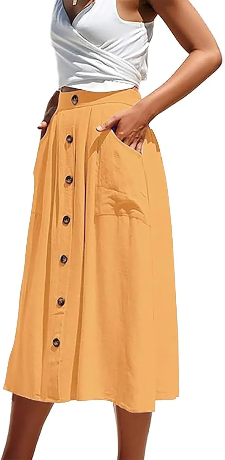 Women's Midi Skirts Casual High Elastic Waist A Line Pleated Midi Skirts with Pockets