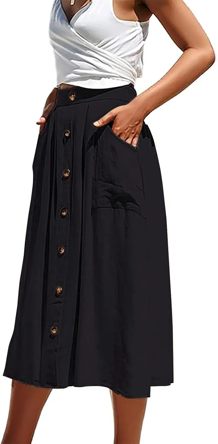 Women's Midi Skirts Casual High Elastic Waist A Line Pleated Midi Skirts with Pockets