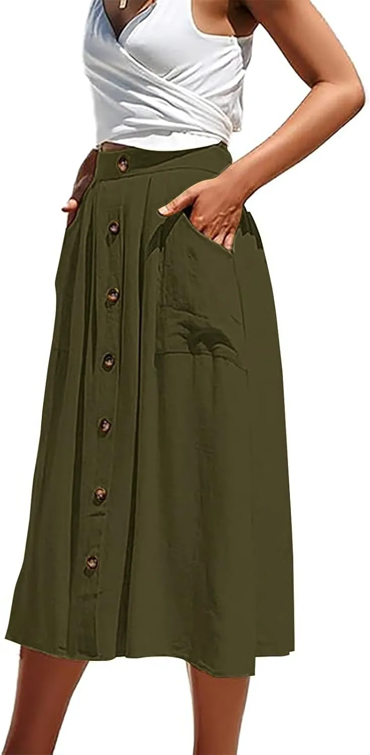 Women's Midi Skirts Casual High Elastic Waist A Line Pleated Midi Skirts with Pockets