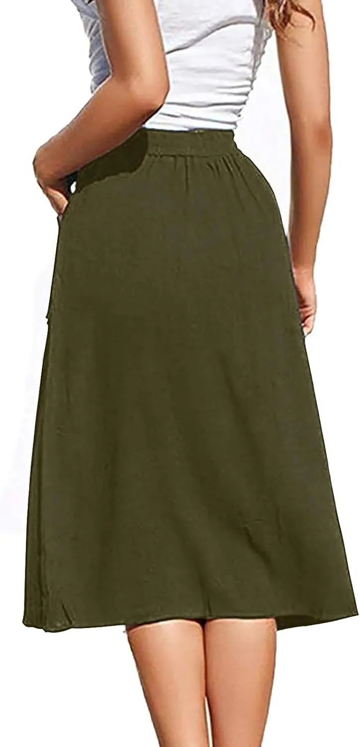 Women's Midi Skirts Casual High Elastic Waist A Line Pleated Midi Skirts with Pockets