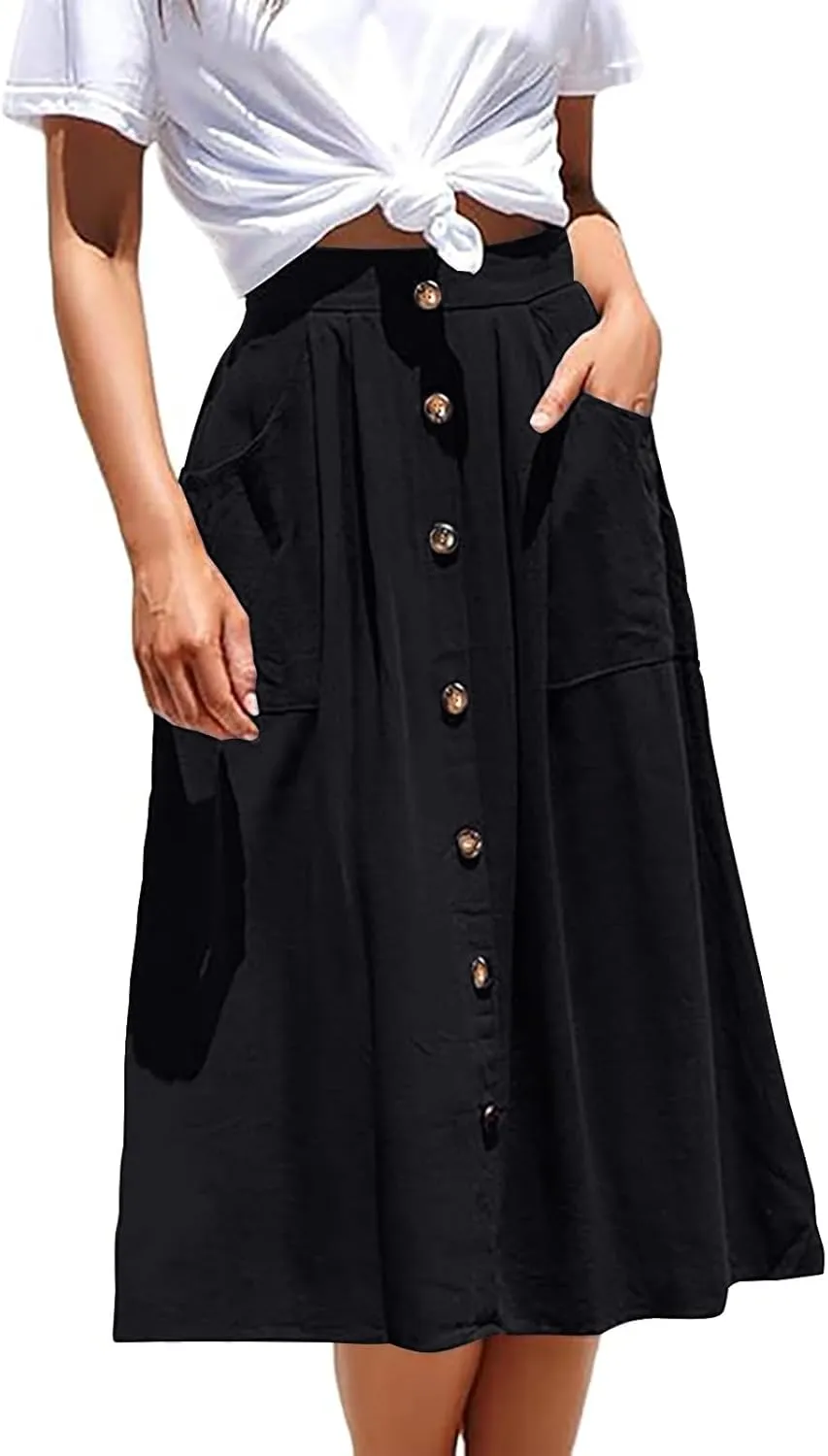 Women's Midi Skirts Casual High Elastic Waist A Line Pleated Midi Skirts with Pockets
