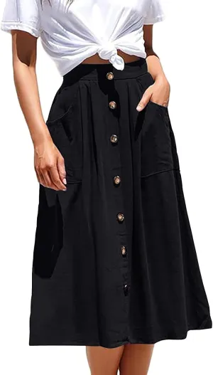 Women's Midi Skirts Casual High Elastic Waist A Line Pleated Midi Skirts with Pockets