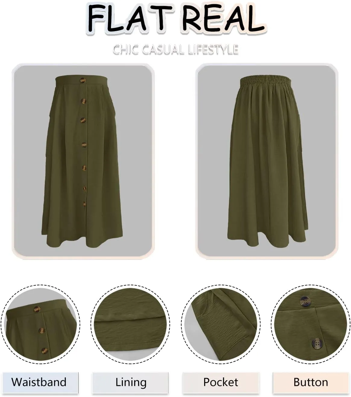 Women's Midi Skirts Casual High Elastic Waist A Line Pleated Midi Skirts with Pockets