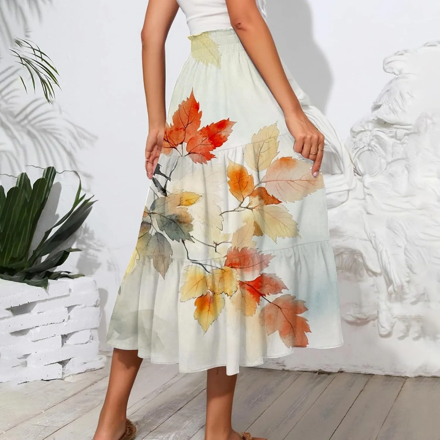 Women's Midi Skirts High Waist A-Line Flowy Summer Skirts for Women Trendy