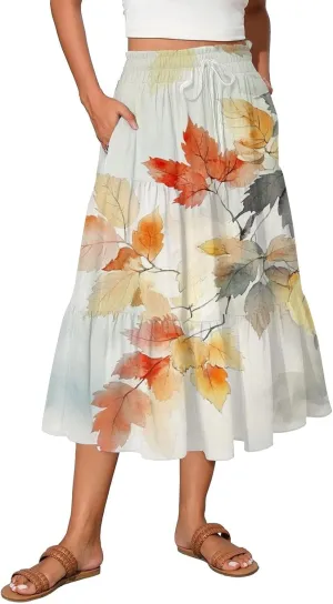 Women's Midi Skirts High Waist A-Line Flowy Summer Skirts for Women Trendy