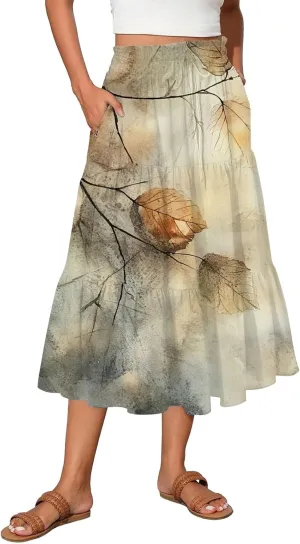 Women's Midi Skirts High Waist A-Line Flowy Summer Skirts for Women Trendy