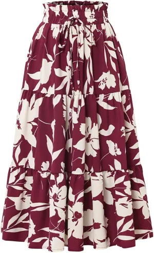 Womens Midi Skirts High Waist Flare A-Line Midi Skirt A-Line Swing Skirts Summer Floral Long Skirt