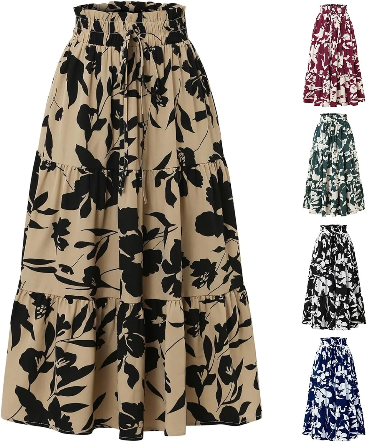 Womens Midi Skirts High Waist Flare A-Line Midi Skirt A-Line Swing Skirts Summer Floral Long Skirt