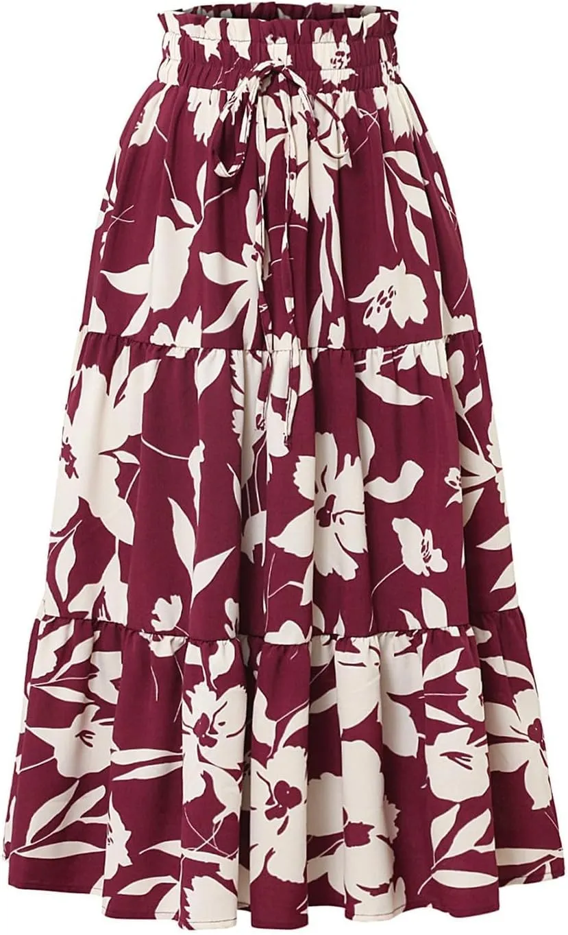 Womens Midi Skirts High Waist Flare A-Line Midi Skirt A-Line Swing Skirts Summer Floral Long Skirt