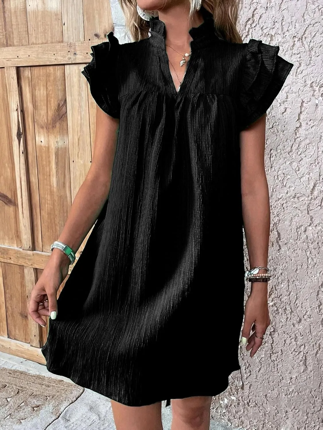 Womens Mini Dress Summer Ruffle Short Sleeve V Neck Dress Loose Solid Color Party Dresses Fashion Basic Beach Dresses