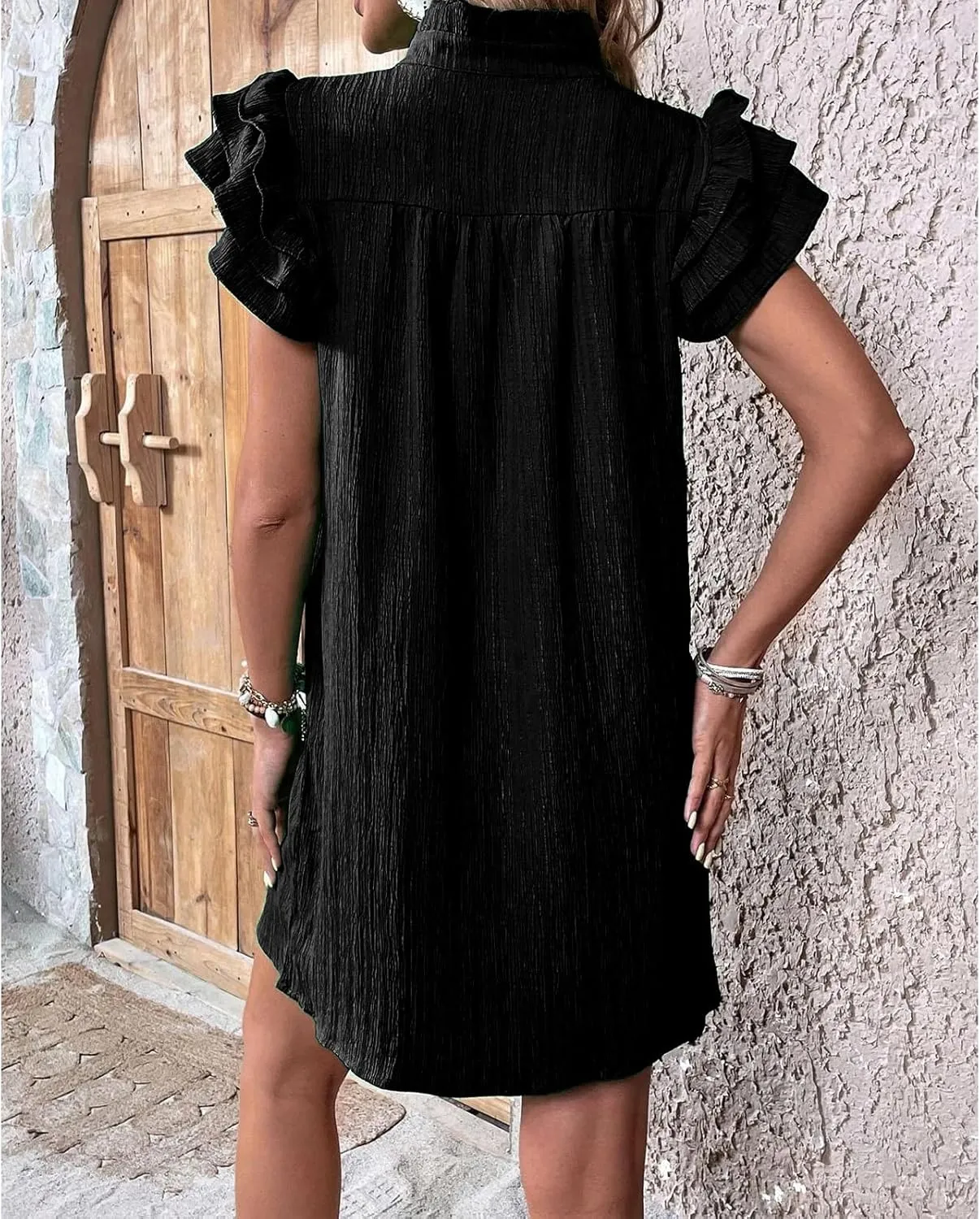 Womens Mini Dress Summer Ruffle Short Sleeve V Neck Dress Loose Solid Color Party Dresses Fashion Basic Beach Dresses