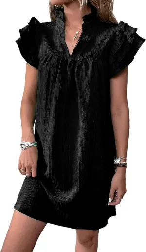 Womens Mini Dress Summer Ruffle Short Sleeve V Neck Dress Loose Solid Color Party Dresses Fashion Basic Beach Dresses